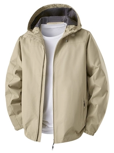 Men's khaki hooded windbreaker jacket with full zip and functional micro-grid fabric texture
