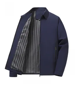 Detail of navy blue business casual jacket with striped lining and metallic zipper