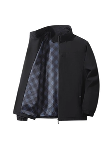 Classic men's black business jacket with stand collar and blue checkered lining