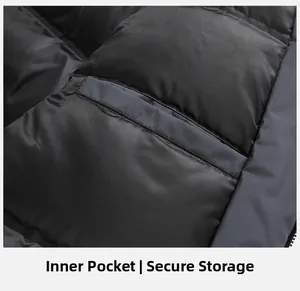 Detail of the internal secure pocket and smooth quilted lining of the men's puffer jacket