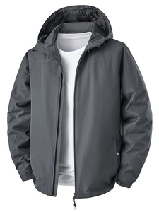 Men's dark grey hooded windbreaker with waterproof fabric and adjustable cuffs