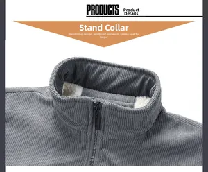 Close-up of the stand-up collar with grey corduroy fabric and warm white Sherpa lining