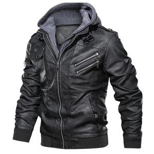 Men's black faux leather biker jacket with grey removable hood and ribbed cuffs