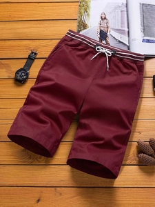 Summer burgundy cotton shorts for men featuring drawstring elastic waist with white stripes
