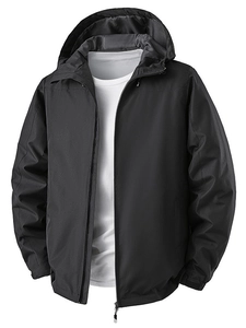 Men's black windproof hooded jacket with full zipper and adjustable velcro cuffs