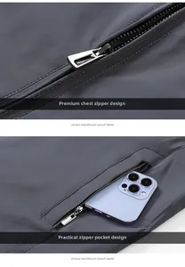 Detail of dark blue jacket featuring smooth metal zippers and large pockets for smartphones