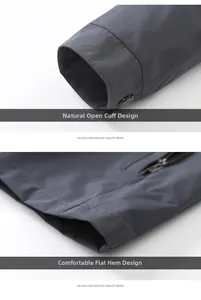 Detail of dark grey jacket featuring adjustable button cuffs and side zipper hemline