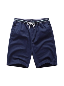 Men's navy blue casual cotton shorts with elastic drawstring waist and striped waistband
