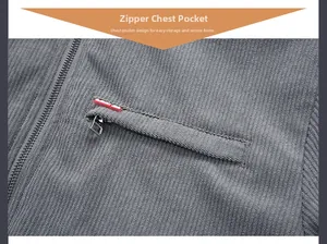 Close-up of a zipper chest pocket on a gray corduroy jacket with red label detail