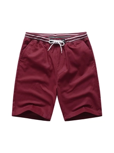 Men's casual loose-fit wine red cotton shorts with elastic waistband and white drawstrings
