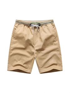 Casual men's khaki summer shorts featuring elastic drawstring waist and side pockets