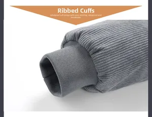 Detail of ribbed windproof cuffs on a gray corduroy jacket with precise stitching