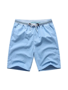 Light blue men's casual cotton shorts with elastic striped waistband and drawstrings