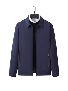 Men's dark blue casual business jacket with classic collar and full zipper closure