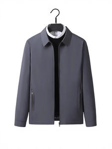 Classic dark grey men's business casual jacket with lapel collar and zip closure