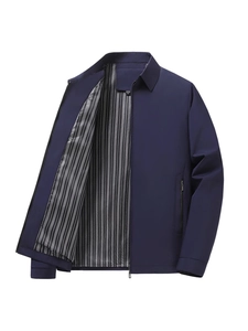 Classic navy blue men's business casual jacket with lapel collar and striped lining