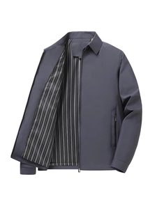 Men's grey business casual jacket with striped lining and classic turn-down collar