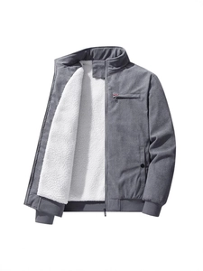 Men's winter corduroy jacket with thick sherpa lining and stand collar in dark grey