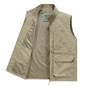 Men's khaki multi-pocket outdoor fishing vest with breathable mesh lining and stand collar