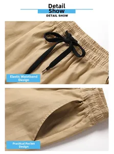 Detailansicht der khakifarbenen Shorts mit elastischem Kordelzugbund und Seitentaschen