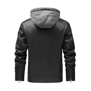 Back view of men's vintage PU jacket featuring grey hoodie and zippered cuffs detail