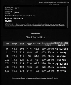 Detailed size chart for waterproof outdoor jackets showing measurements from M to 5XL