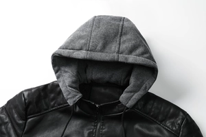 Detail of hooded PU jacket showing quilted shoulder stitching and removable grey fabric hood