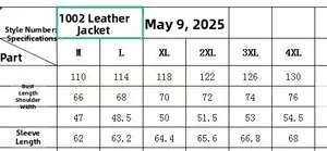 Size guide for men's leather jacket with chest, length, shoulder, and sleeve measurements