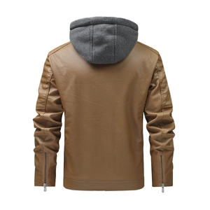 Close-up of brown PU leather jacket back with motorcycling pleats and detachable gray hood