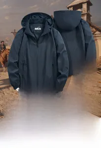 Men's navy outdoor jacket featuring a detachable hood and underarm ventilation details