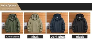 Collage of hooded men's jackets in military green, khaki, navy blue, and black colors