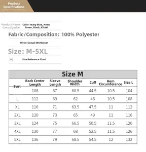 Detailed size chart for men's casual jacket with chest and length measurements
