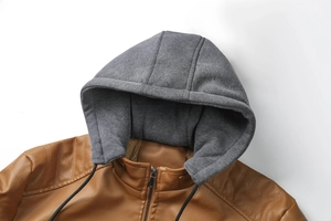 Detail of brown faux leather jacket with grey jersey hood and quilted shoulder design