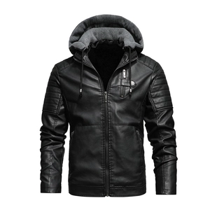 Men's Vintage Hooded PU Leather Jacket Fleece Lined Warm Motorcycle Outerwear Quilted Ribbed Windproof Coat With Zipper Pockets