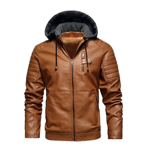 Men's brown PU leather jacket with grey fleece hood and quilted shoulder details
