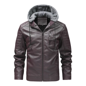 Men's deep purple hooded leather jacket with quilted shoulders and plush lining
