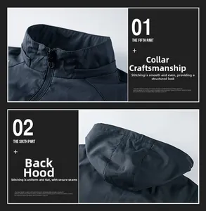 Detail of smooth zipper closure and durable hood stitching on men's gray jacket