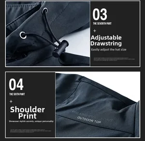 Detail of adjustable hood with drawstrings and outdoor lettering on the shoulder