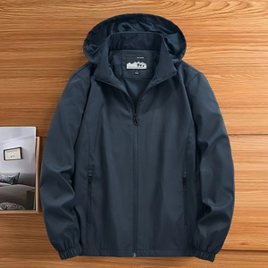 Men's dark blue outdoor hooded jacket with windproof fabric and full zip closure
