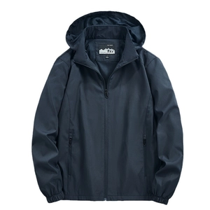 Men's dark blue windproof jacket with removable hood and breathable mesh lining