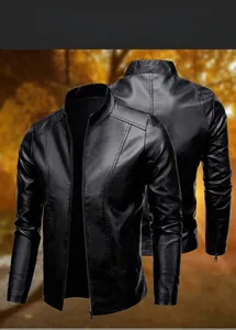 Front and back view of a slim fit black faux leather motorcycle jacket with stand collar