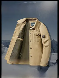 Detail of khaki men's jacket showing metal zipper and dark mesh lining texture