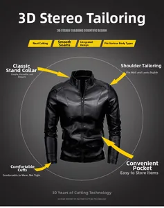 Detail view of black faux leather jacket showing stand collar and 3D slim fit tailoring