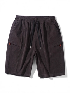Men's dark corduroy casual shorts with elastic drawstring waist and side pockets