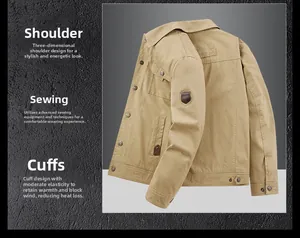 Detail of khaki men's jacket with windproof cuffs and professional 3D tailoring design