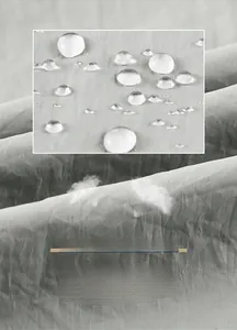 Macro shot of breathable water-resistant fabric showing fine mesh texture and water droplets