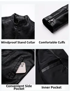 Detail view of men's leather jacket featuring stand collar, zip cuffs and multiple pockets
