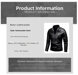 Detail specifications of men's slim fit leather jacket with fabric composition chart