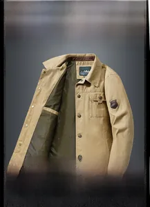 Detailed flat lay of khaki utility jacket showing inner mesh lining and collar label