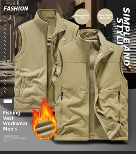 Detail of reversible khaki fishing vest with warm fleece lining and zipper pocket